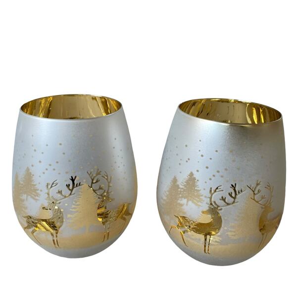 Christmas Frosted Stemless Wine Glasses 18oz Set of 2 Gold & Silver Holiday Glam - Picture 8 of 10